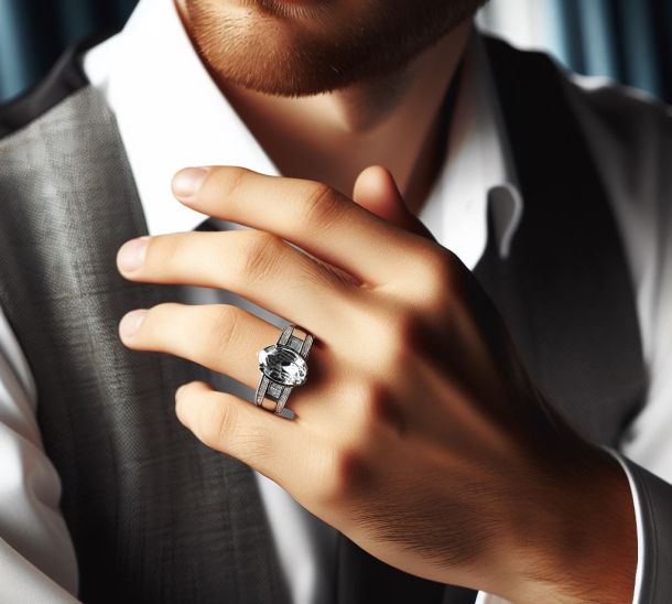 A man wearing a wide wedding band with oval cut diamond